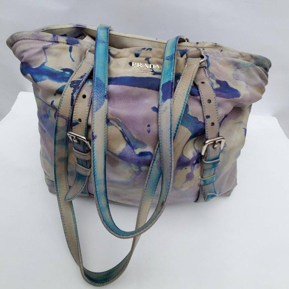 Prada Leather purse hobo tote bag tie dyed XL gray blue purple limited edition